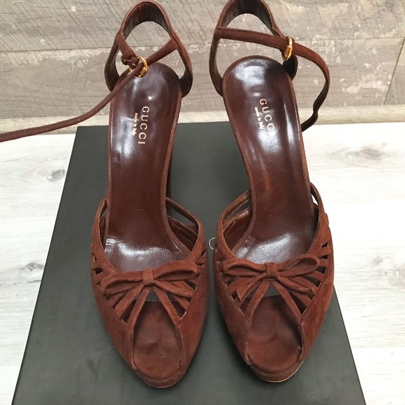 Gucci Suede Platform Sand Pelle New Chocolate Sandal  Size 36.5 - Picture 1 of 11